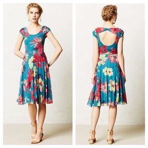 Anthropologie Quinby Dress Fit-and-Flare Dress with Pink and Yellow Flowers